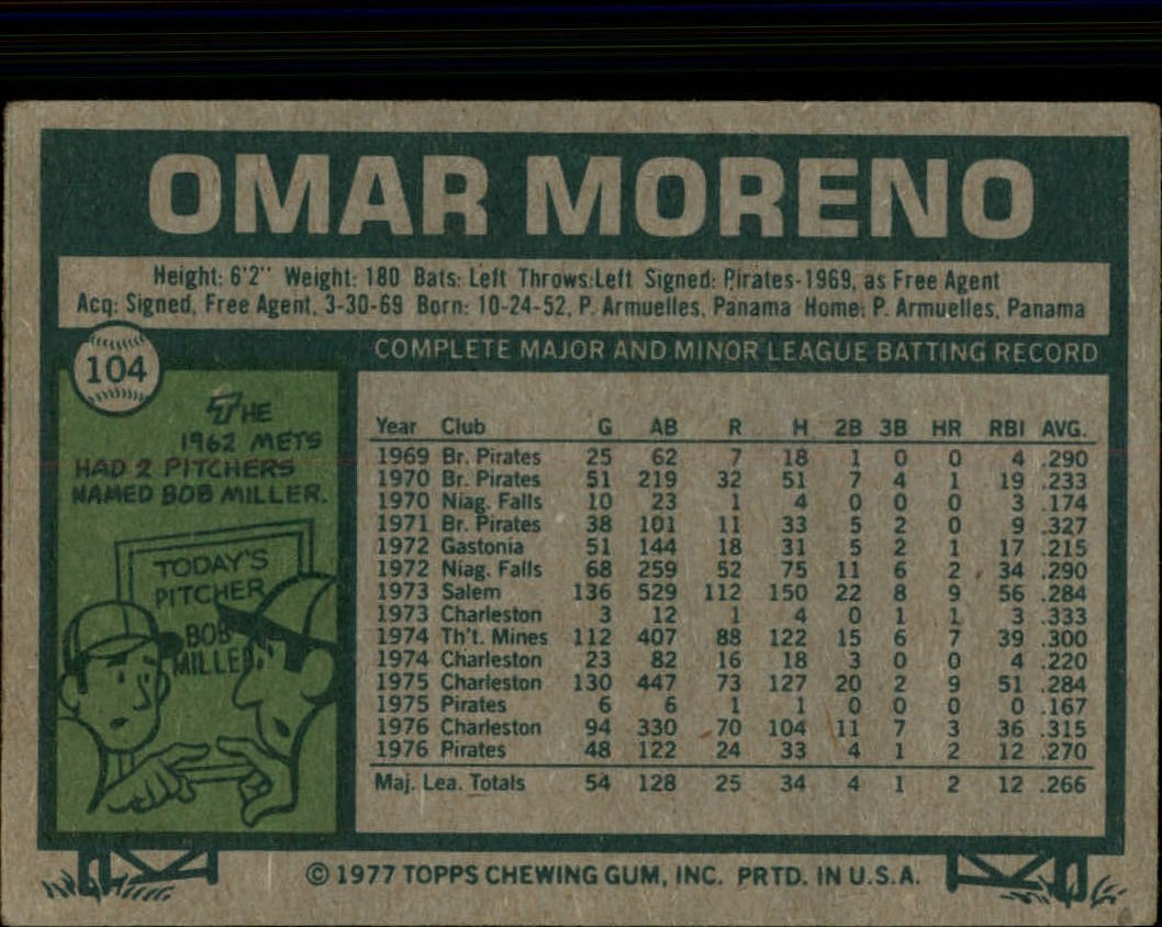 1977 Topps #104 Omar Moreno RC back image