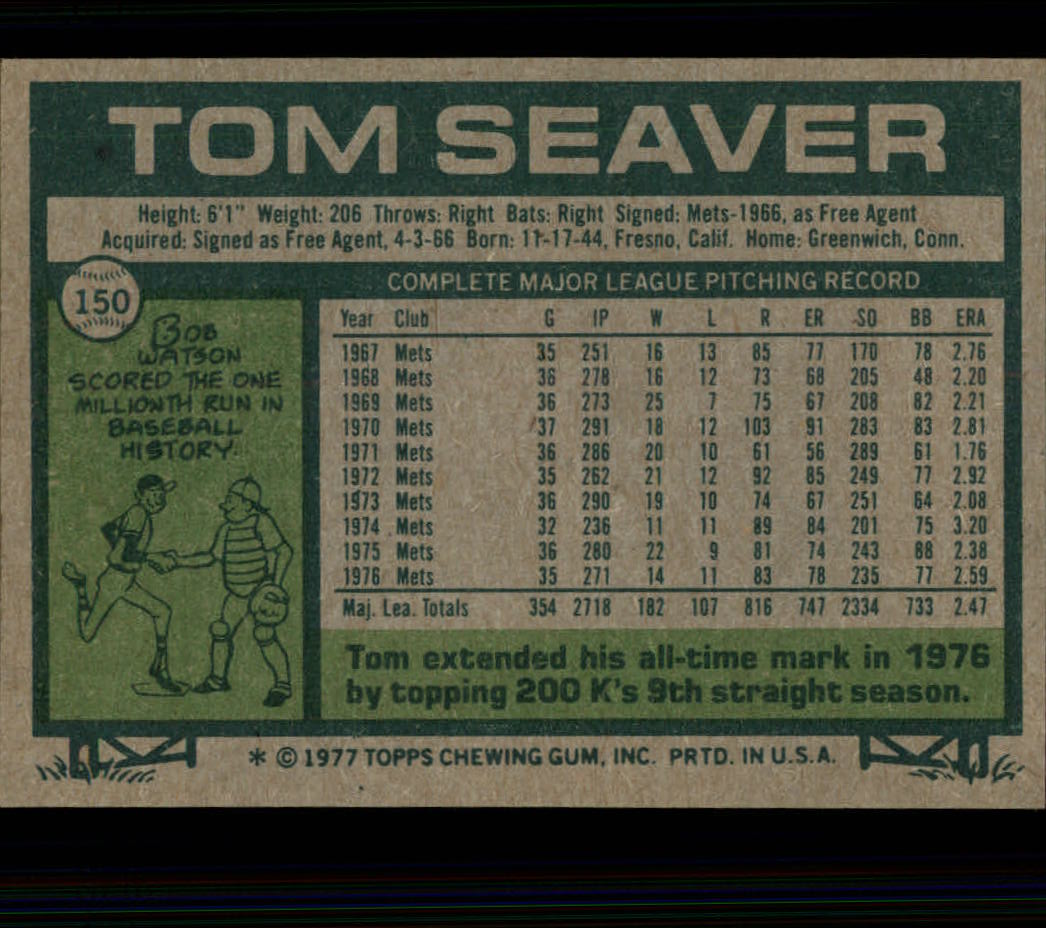 1977 Topps #150 Tom Seaver back image