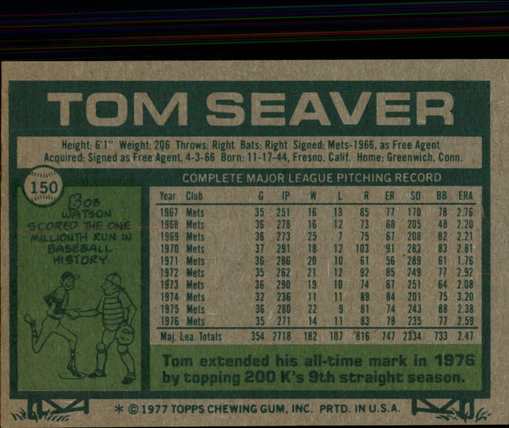 1977 Topps #150 Tom Seaver back image