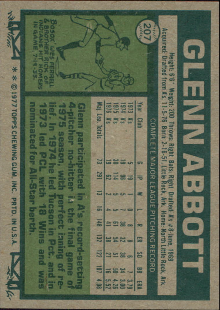 1977 Topps #207 Glenn Abbott back image