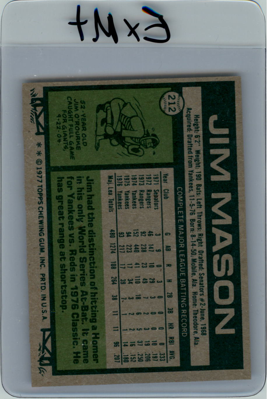 1977 Topps #212 Jim Mason back image