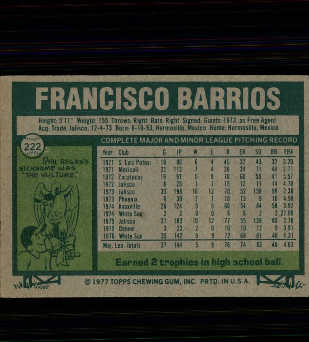1977 Topps #222 Francisco Barrios RC back image