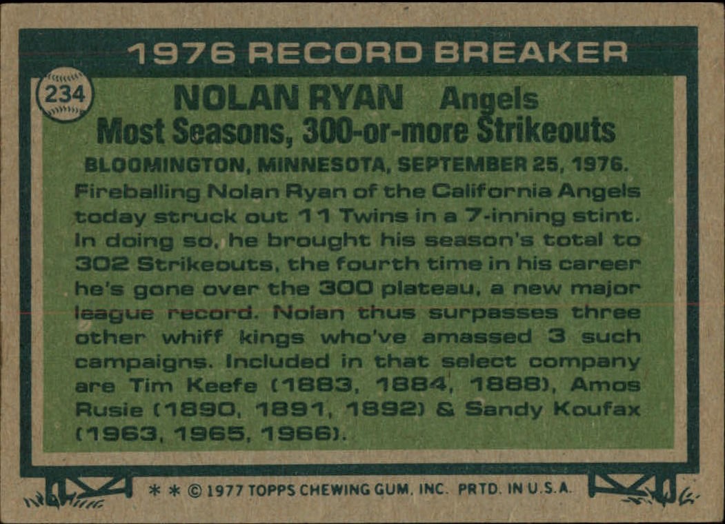 1977 Topps #234 Nolan Ryan RB back image