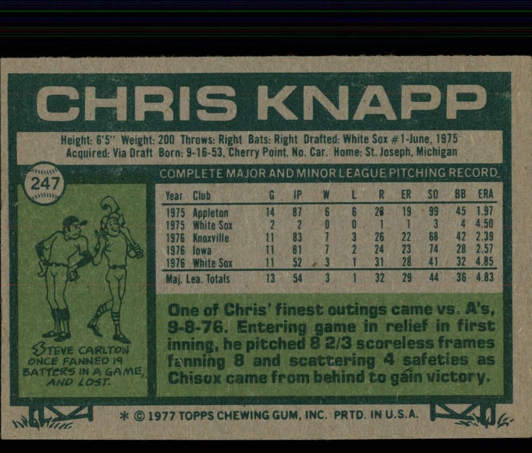 1977 Topps #247 Chris Knapp RC back image