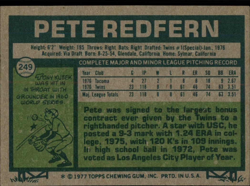 1977 Topps #249 Pete Redfern RC back image