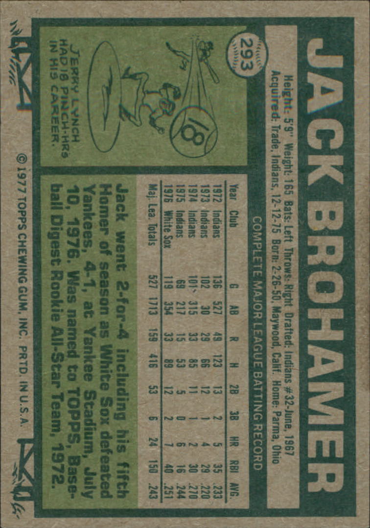 1977 Topps #293 Jack Brohamer back image