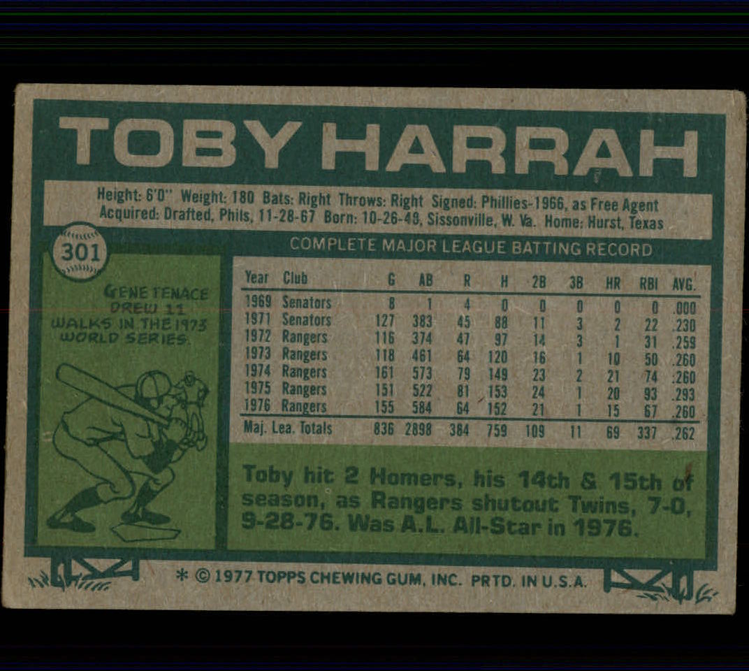 1977 Topps #301 Toby Harrah back image