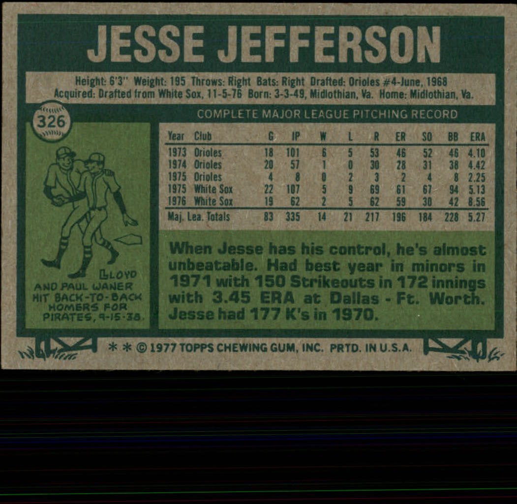 1977 Topps #326 Jesse Jefferson back image
