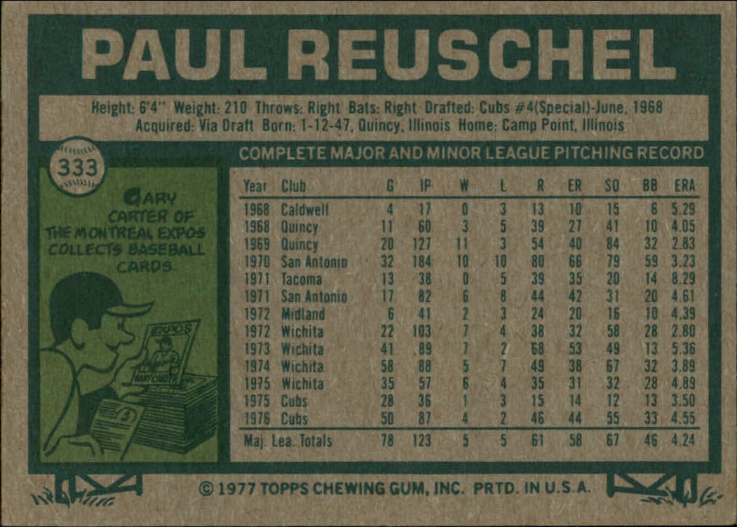 1977 Topps #333 Paul Reuschel RC back image