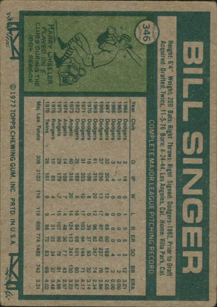 1977 Topps #346 Bill Singer back image