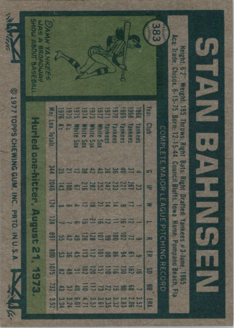 1977 Topps #383 Stan Bahnsen back image
