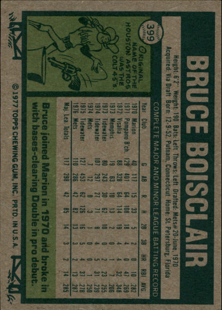 1977 Topps #399 Bruce Boisclair RC back image