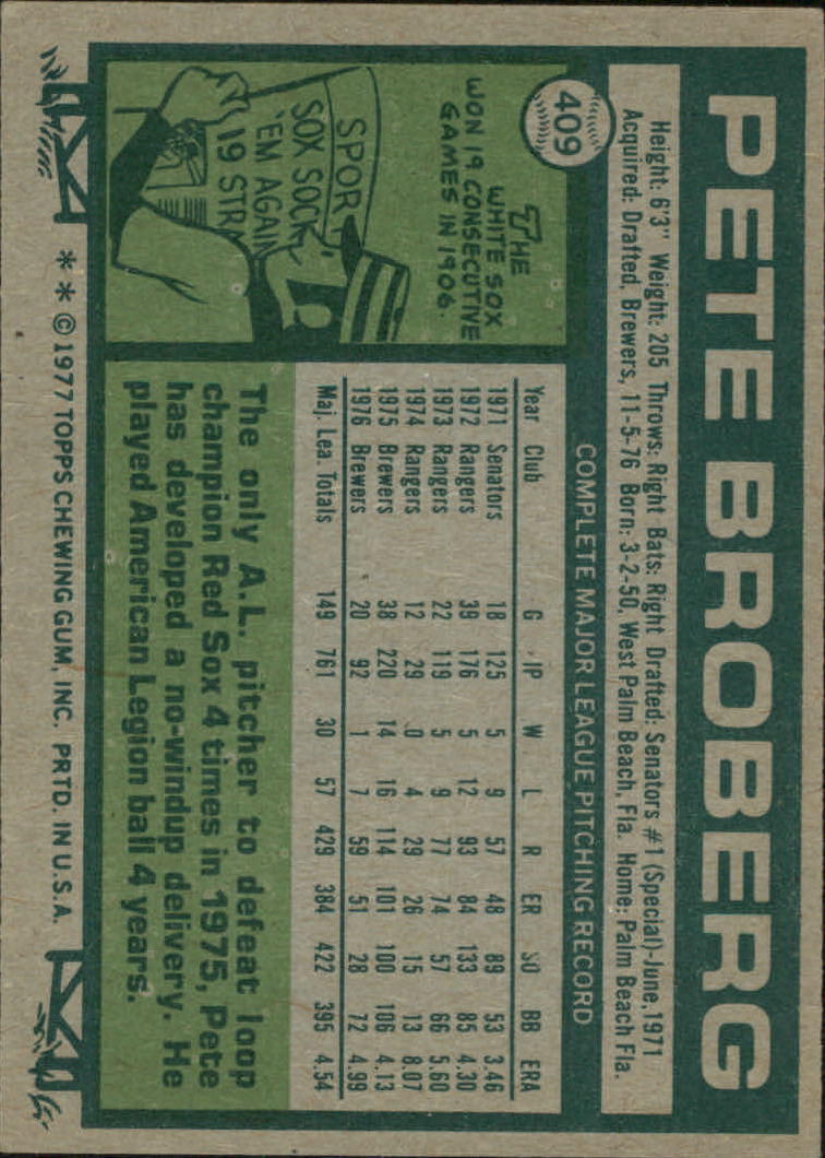 1977 Topps #409 Pete Broberg back image
