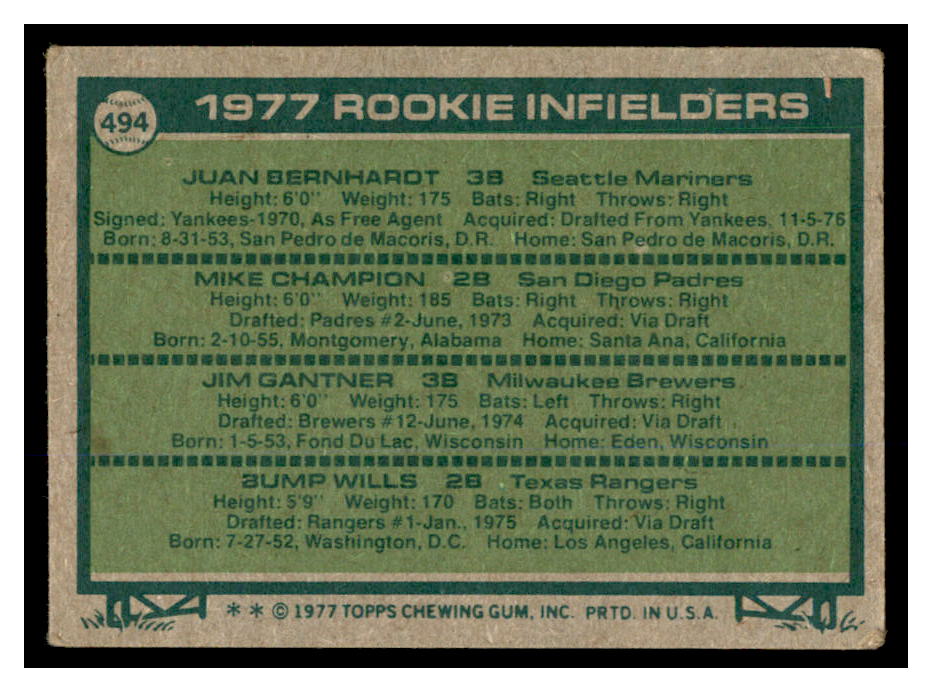 1977 Topps Rookie Infielders (Juan Bernhardt/Mike Champion/Jim