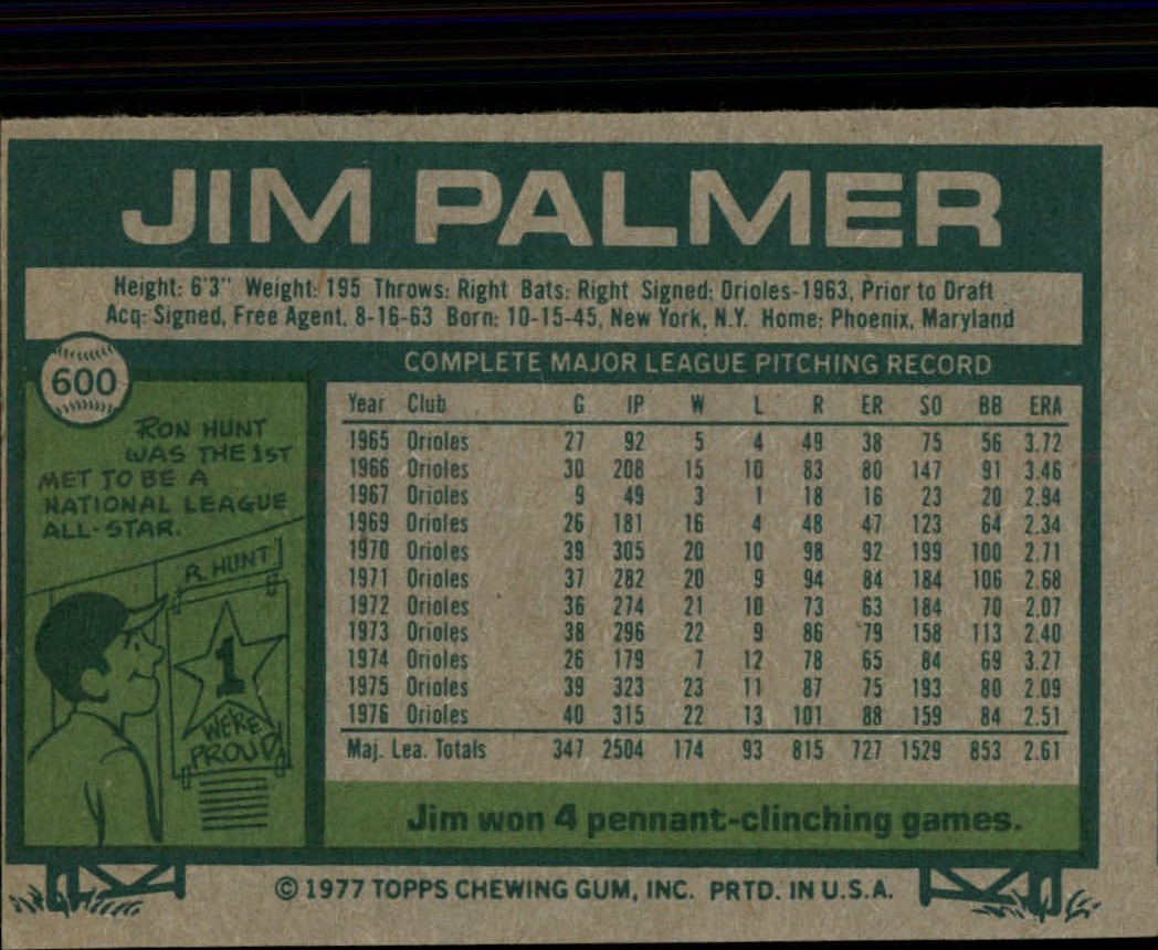 1977 Topps #600 Jim Palmer back image