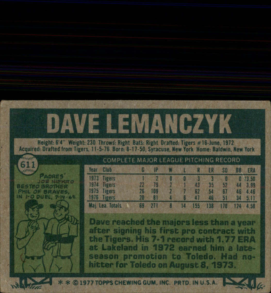 1977 Topps #611 Dave Lemanczyk back image