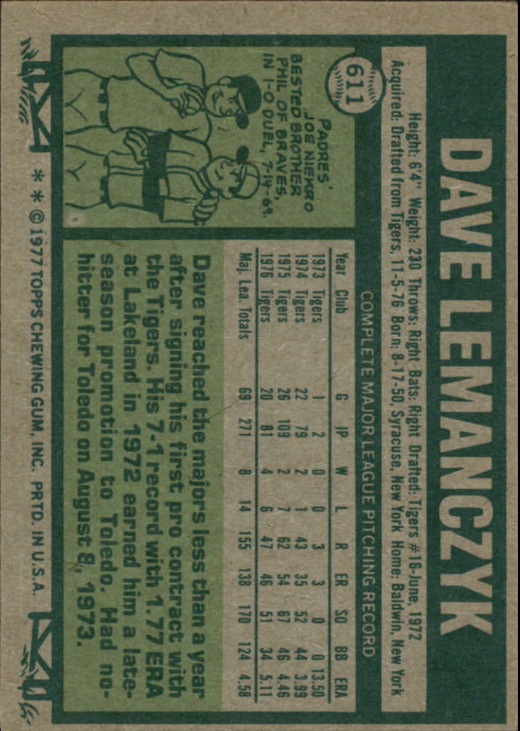 1977 Topps #611 Dave Lemanczyk back image