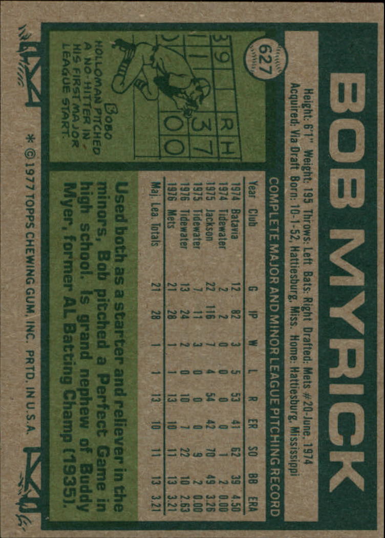 1977 Topps #627 Bob Myrick RC back image
