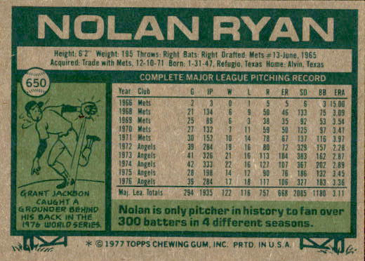 1977 Topps #650 Nolan Ryan back image