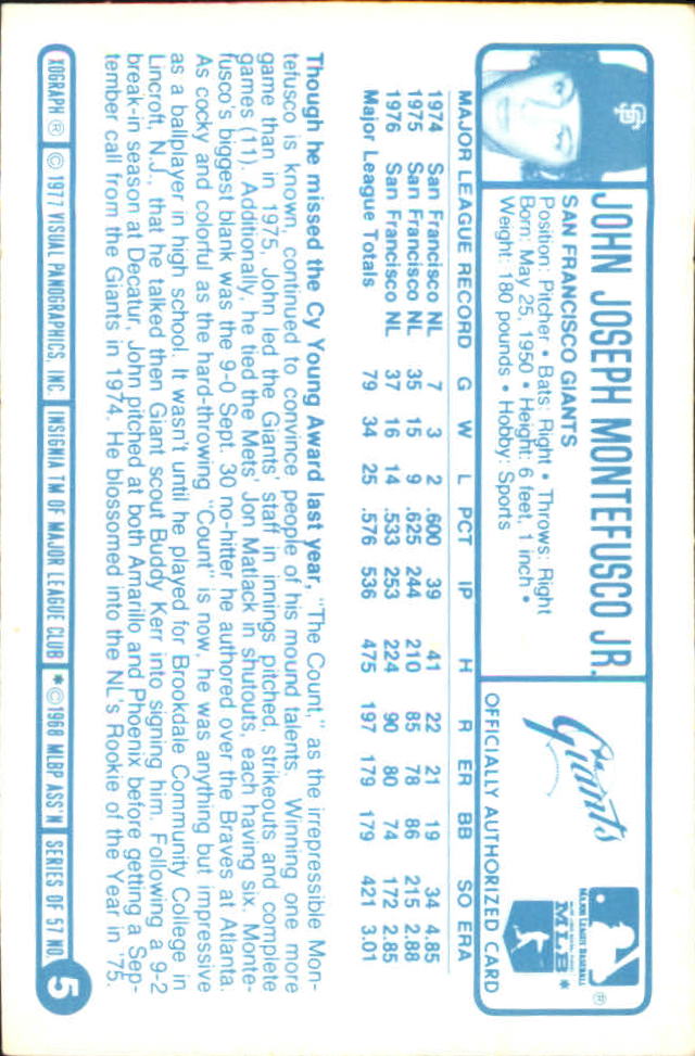 1977 Kellogg's #5 John Montefusco back image
