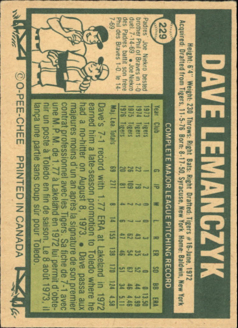 1977 O-Pee-Chee #229 Dave Lemanczyk back image