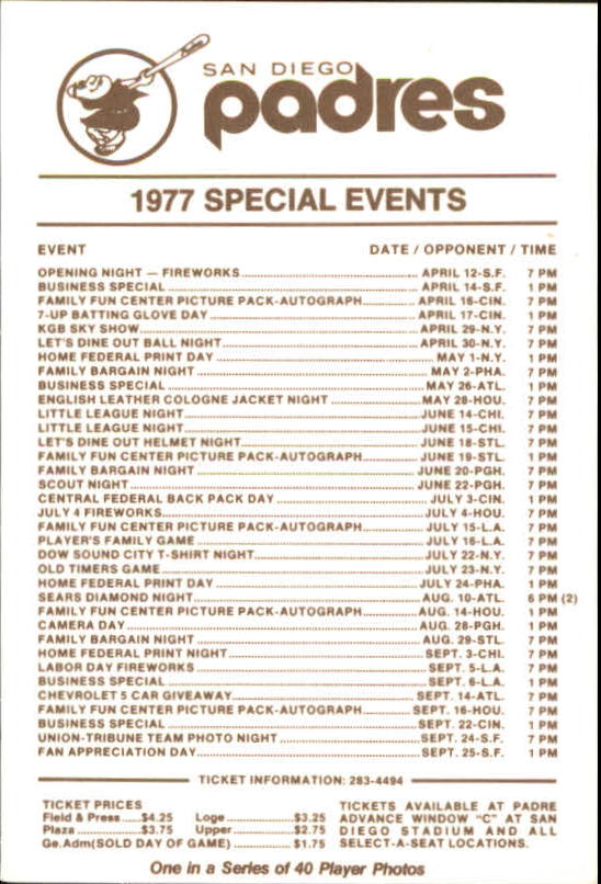 1977 Padres Schedule Cards #50 Bob Skinner CO back image