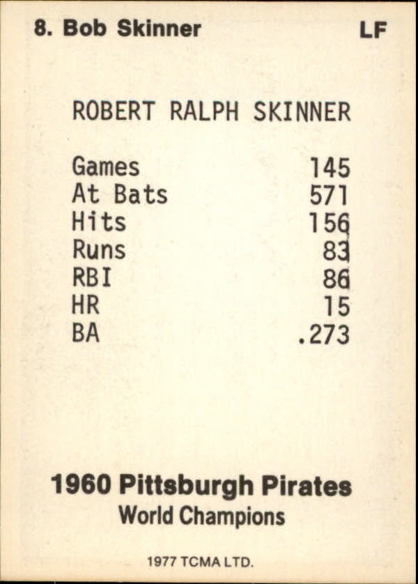 1977 Pirates 1960 World Champions TCMA #8 Bob Skinner back image