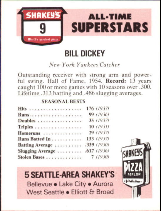 1977 Shakey's Pizza #9 Bill Dickey back image