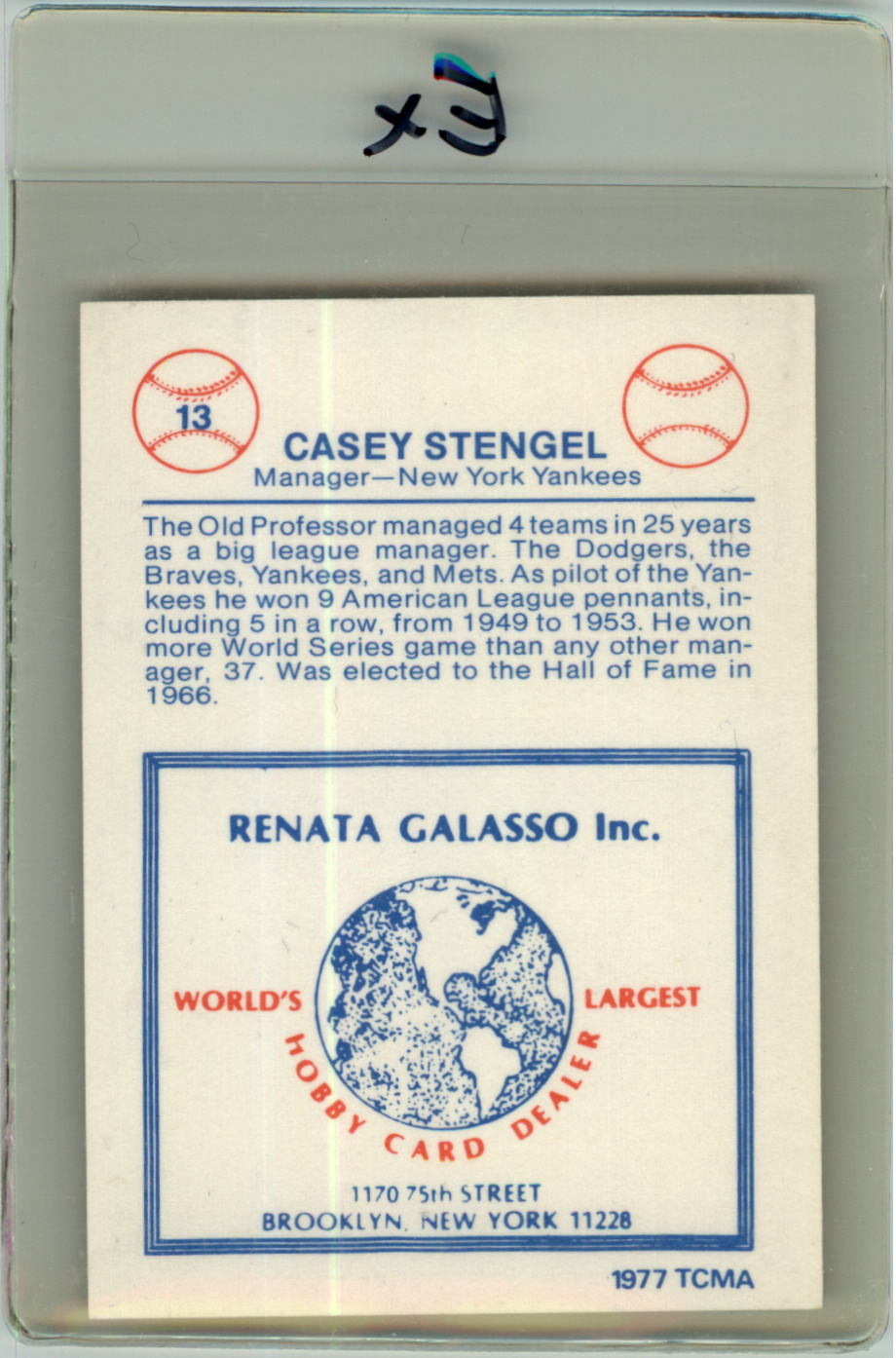 1977-84 Galasso Glossy Greats #13 Casey Stengel back image