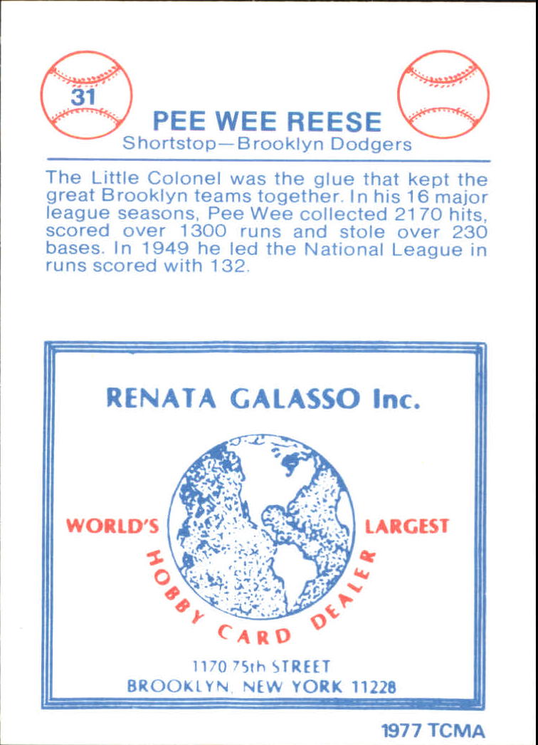 1977-84 Galasso Glossy Greats #31 Pee Wee Reese back image