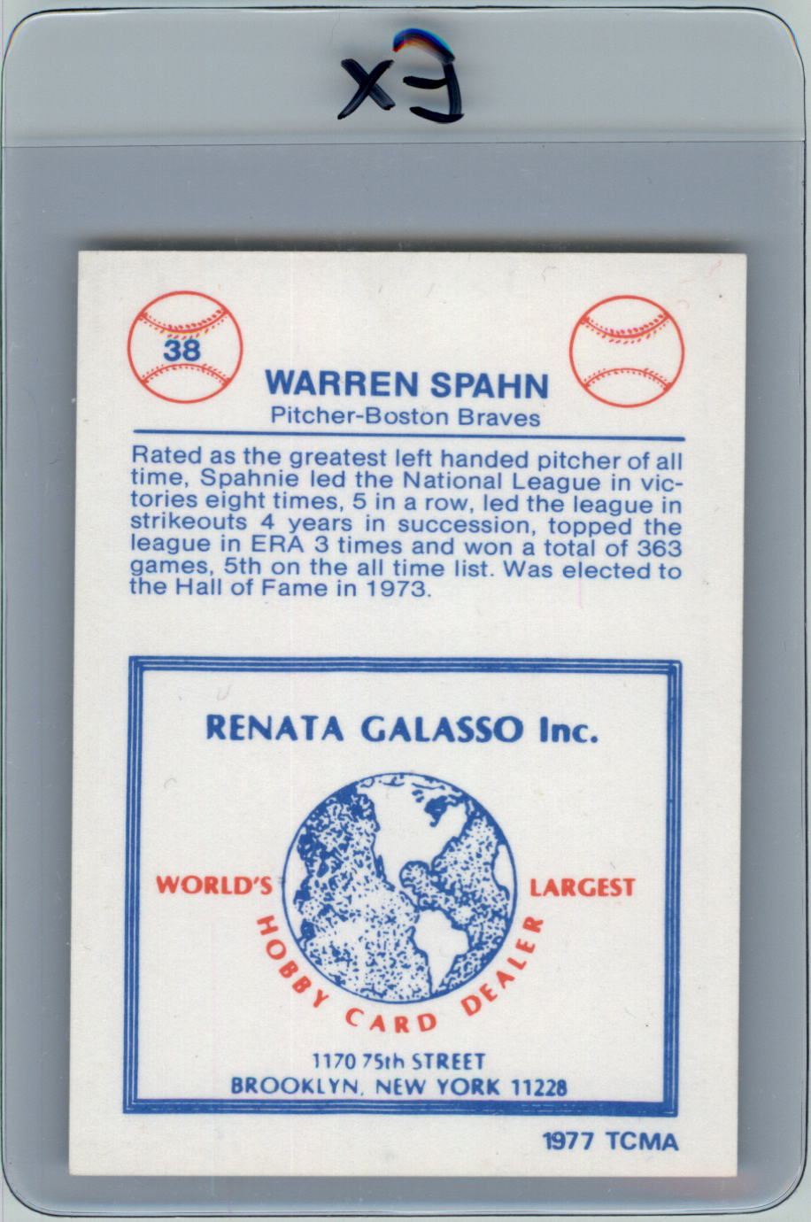 1977-84 Galasso Glossy Greats #38 Warren Spahn back image