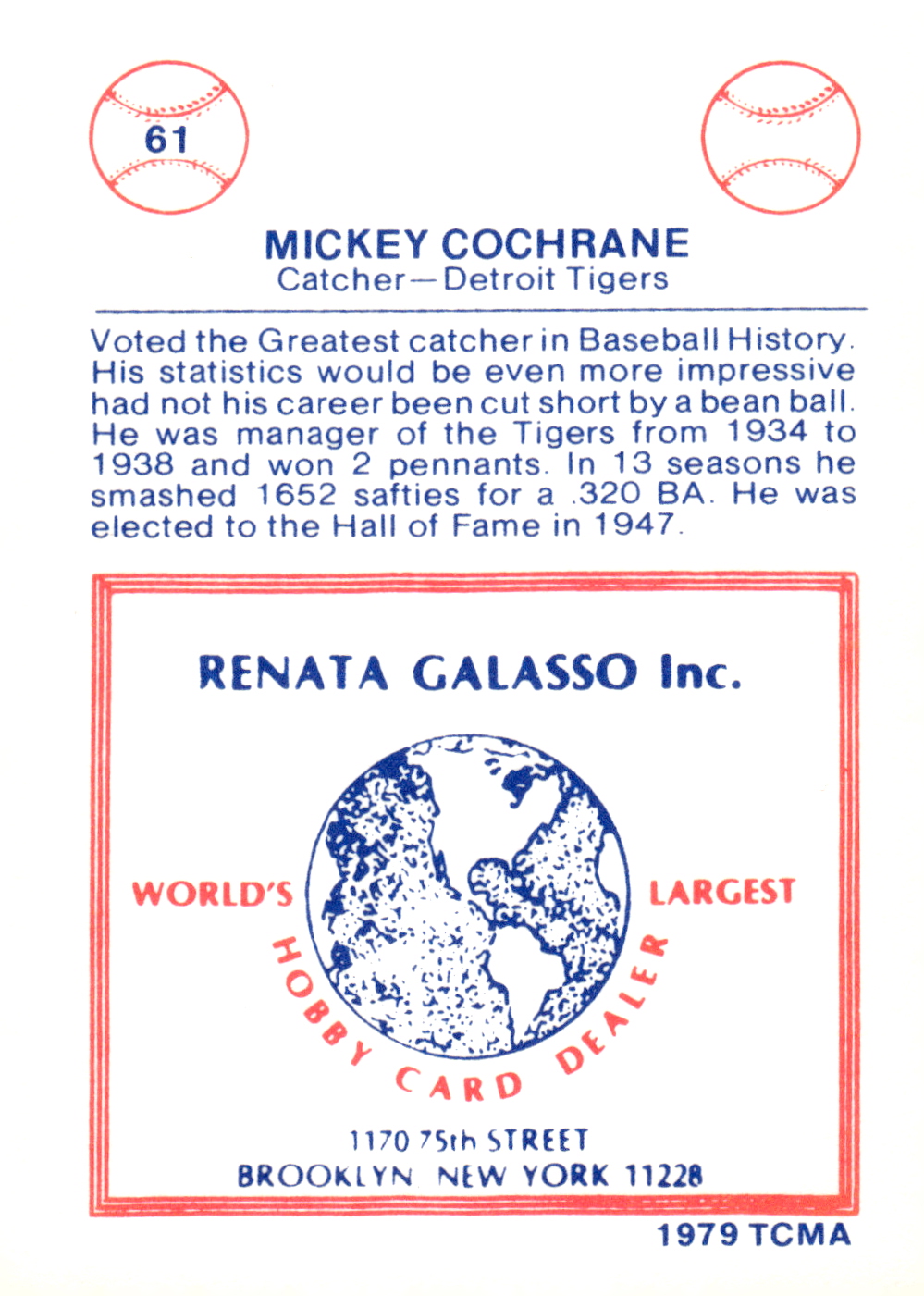 1977-84 Galasso Glossy Greats #61 Mickey Cochrane back image
