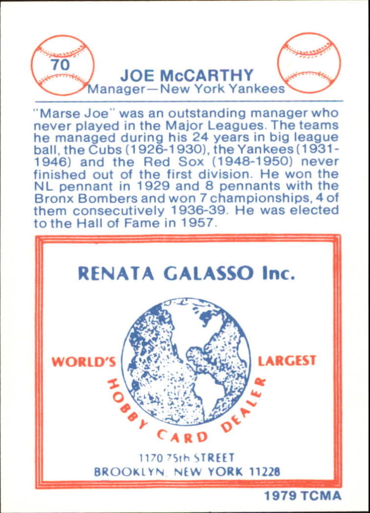 1977-84 Galasso Glossy Greats #70 Joe McCarthy MG back image