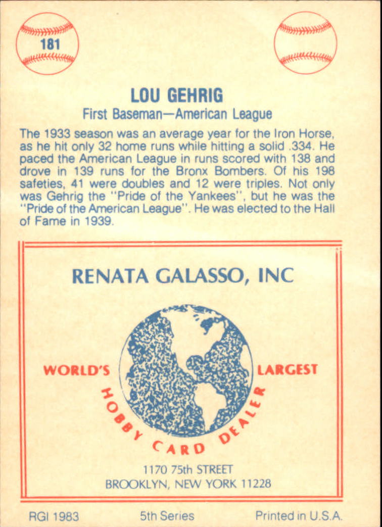 1977-84 Galasso Glossy Greats #181 Lou Gehrig back image