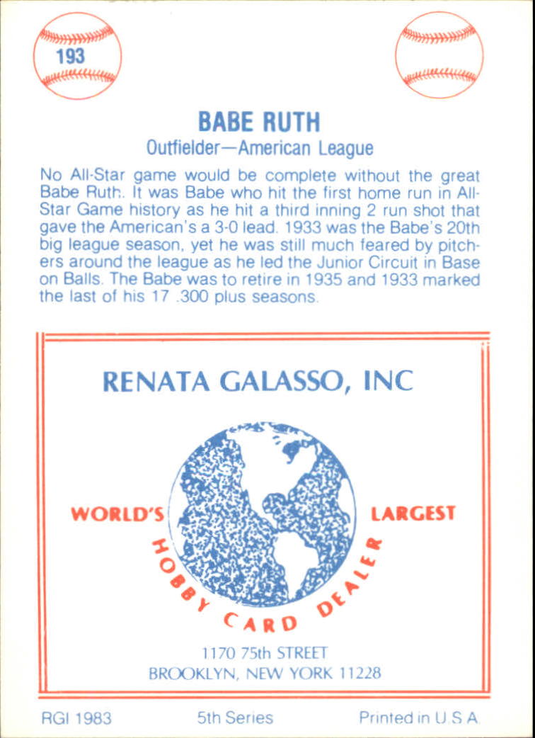 1977-84 Galasso Glossy Greats #193 Babe Ruth back image