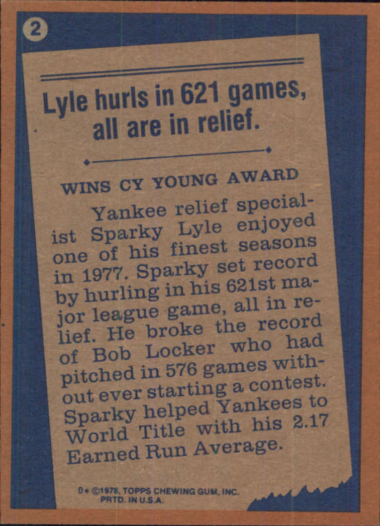 1978 Topps #2 Sparky Lyle RB back image