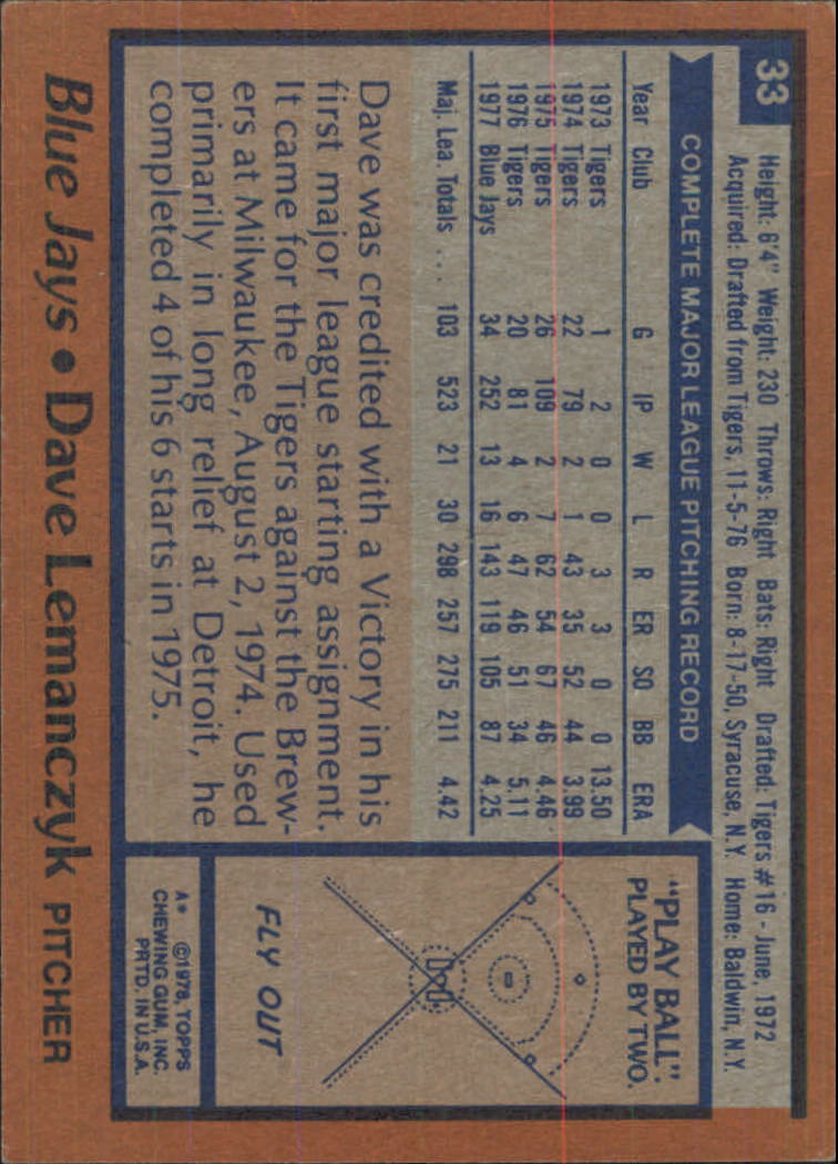 1978 Topps #33 Dave Lemanczyk back image