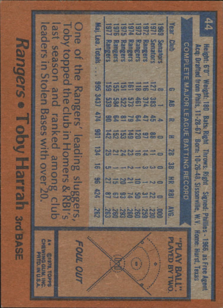 1978 Topps #44 Toby Harrah back image