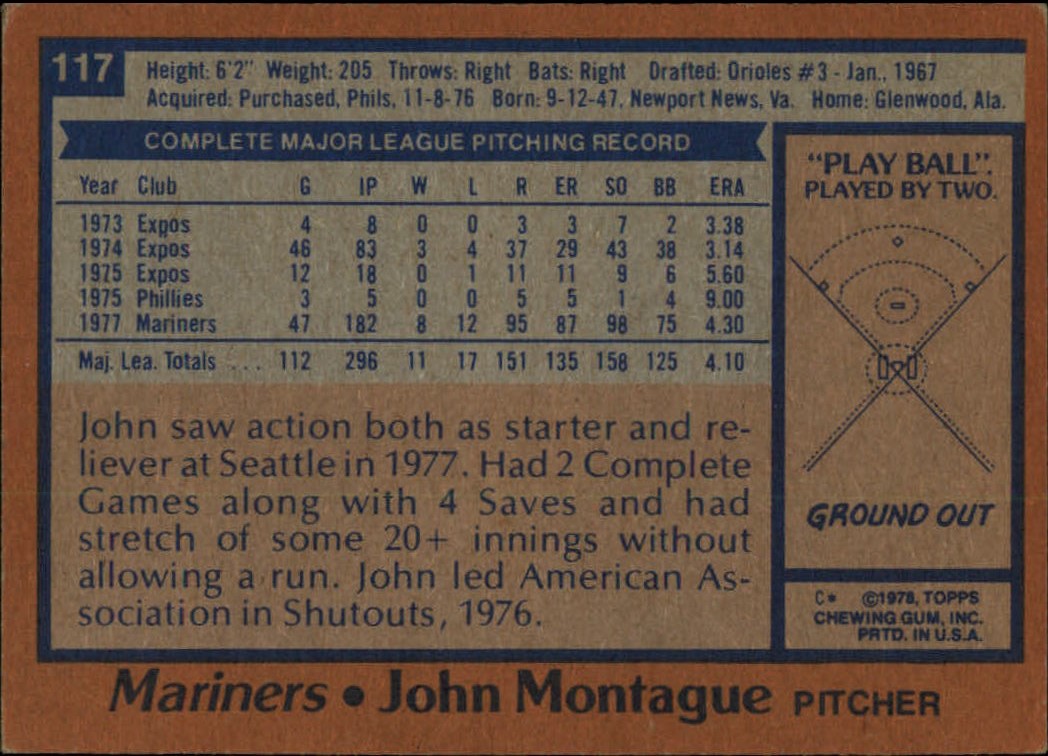 1978 Topps #117 John Montague back image