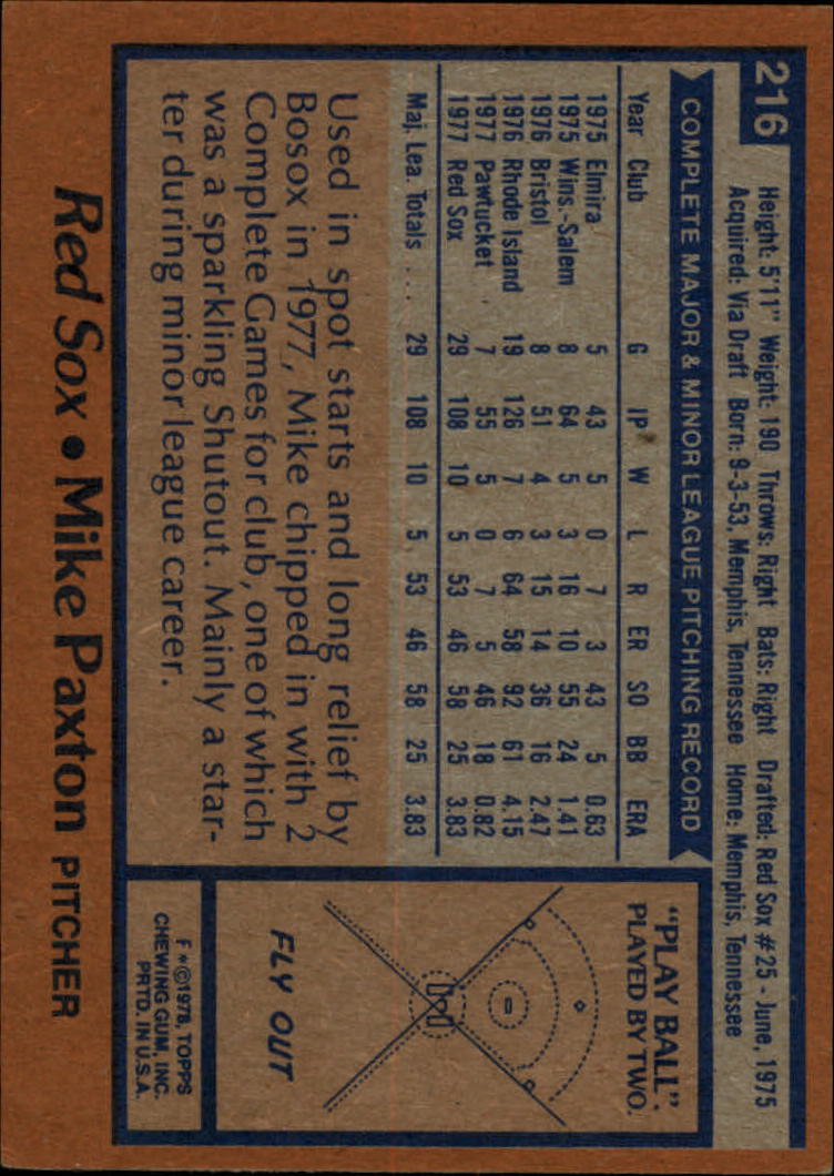 1978 Topps #216 Mike Paxton RC back image