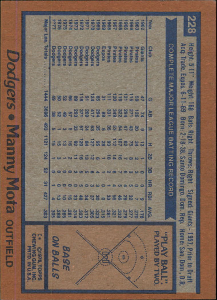1978 Topps #228 Manny Mota DP back image