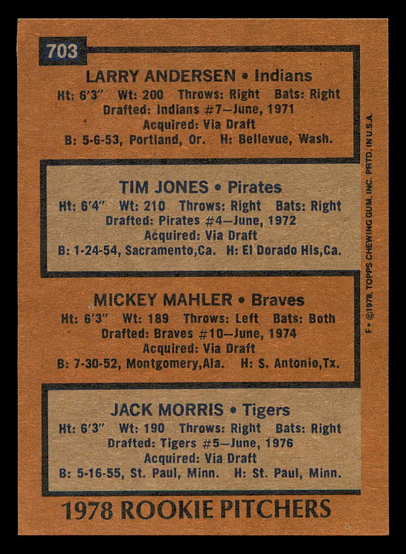 1978 Topps #703 Rookie Pitchers/Larry Andersen RC/Tim Jones RC/Mickey Mahler RC/Jack Morris RC DP back image