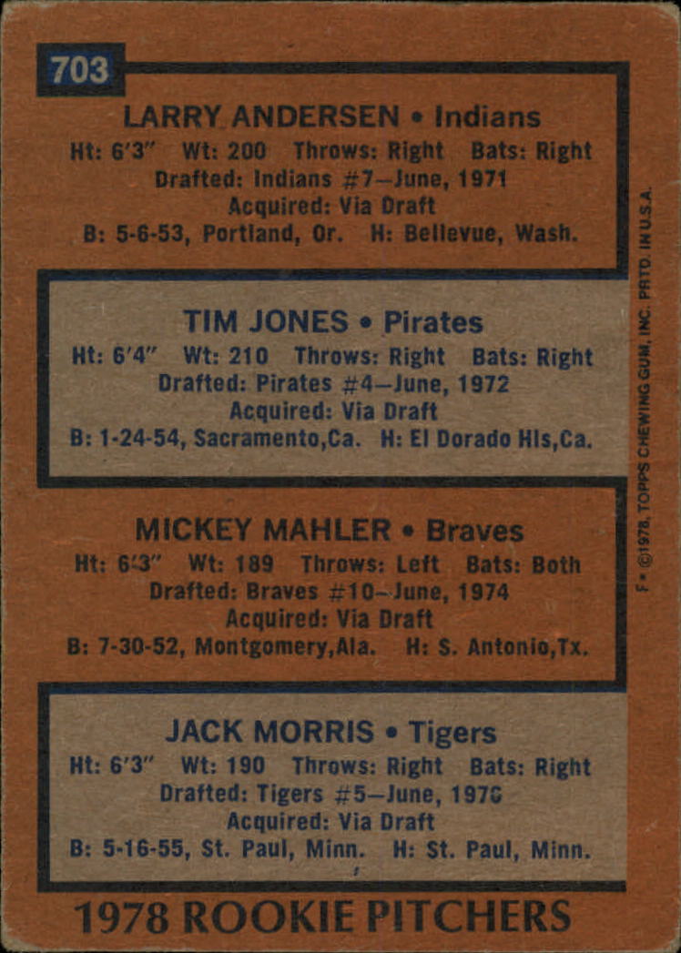 1978 Topps #703 Rookie Pitchers/Larry Andersen RC/Tim Jones RC/Mickey Mahler RC/Jack Morris RC DP back image