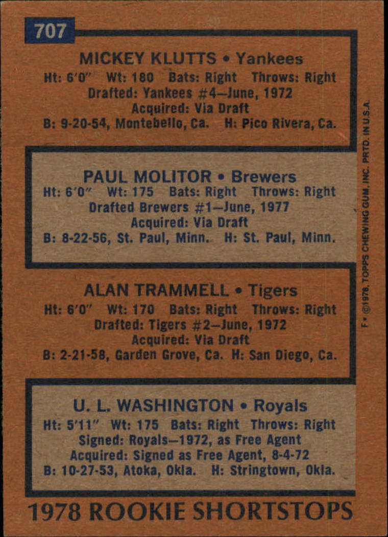1978 Topps #707 Rookie Shortstops/Mickey Klutts/Paul Molitor RC/Alan Trammell RC/U.L. Washington RC back image