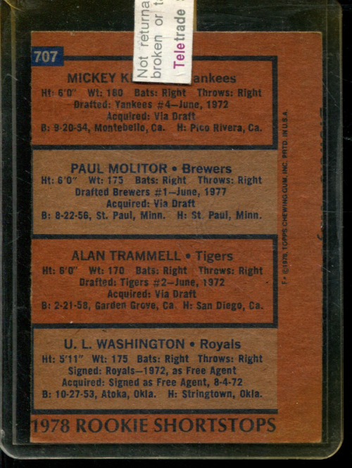 Lot of (5) 1978 Topps #707 Rookie Shortstops / Mickey Klutts / Paul Molitor  RC / Alan Trammell RC / U.L. Washington RC