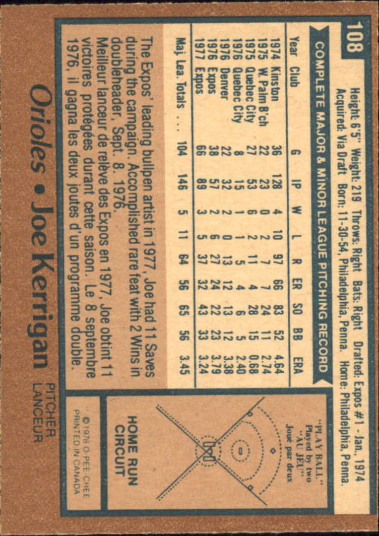 1978 O-Pee-Chee #108 Joe Kerrigan/Now with Baltimore as of 12-8-77 back image