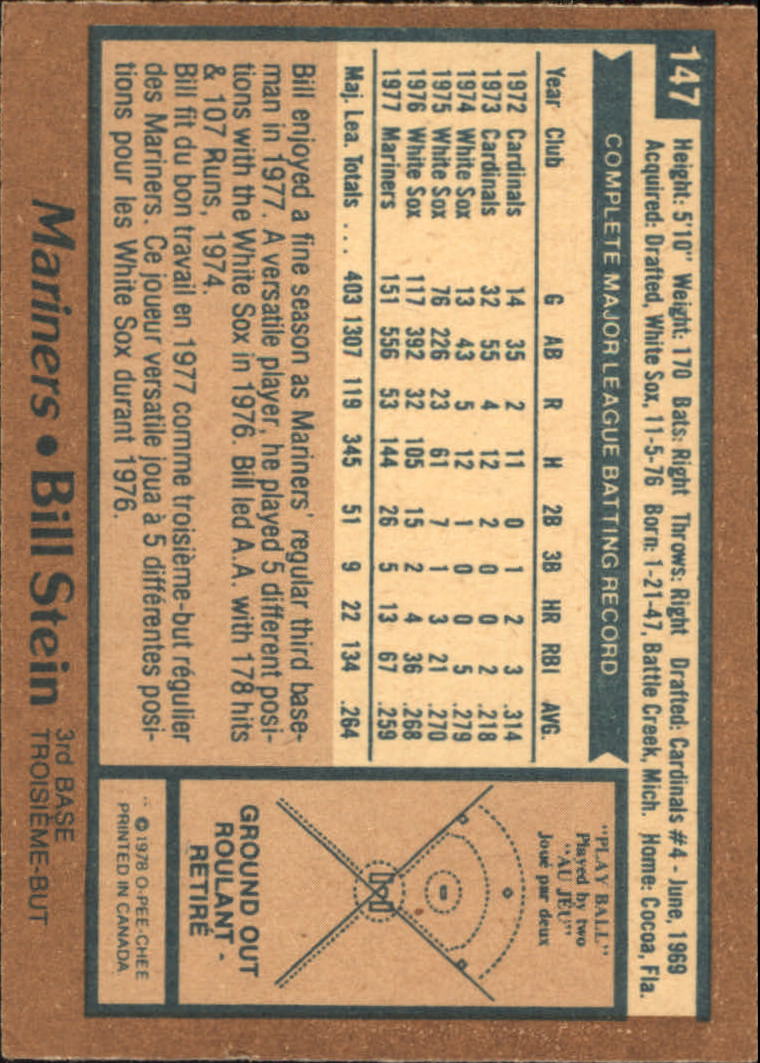 1978 O-Pee-Chee #147 Bill Stein back image