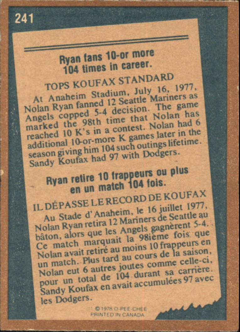 1978 O-Pee-Chee #241 Nolan Ryan RB/Most games 10 or More/Strikeouts& back image