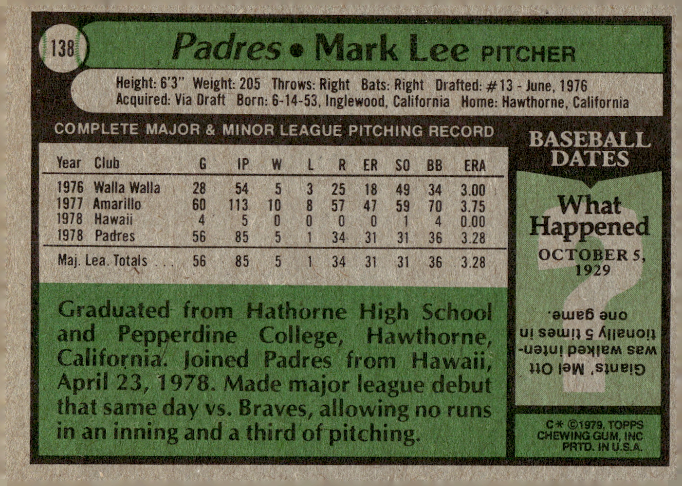 1979 Topps #138 Mark Lee RC back image