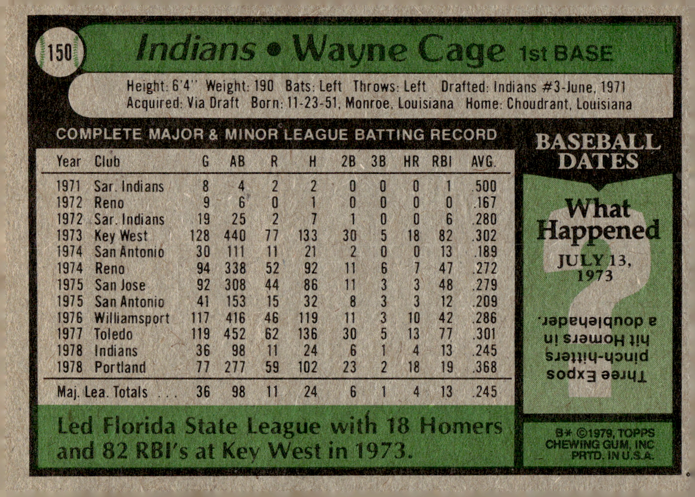 1979 Topps #150 Wayne Cage back image